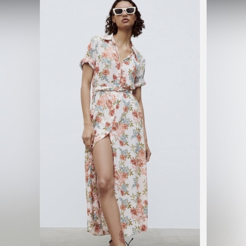 Zara Midi Shirtdress Pink Floral Short Sleeves Cotton Dress XS